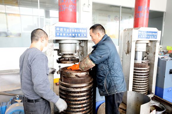 1月4日，在三江侗族自治县斗江镇一家茶油精深加工厂，两名工人在车间内加工茶油。.jpg